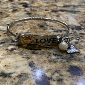 Stainless Steel “Love” Bracelet with Faux Pearl & Heart Charm